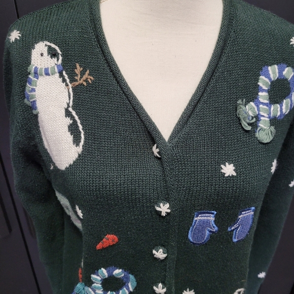 ☃️Vintage 1990s Y2K Christopher & Banks green holiday Christmas cardigan sweater - Picture 2 of 8